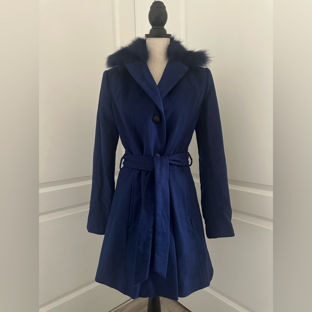 Marc New York Wool Blend Fox Fur Collar Coat Size 4 | Andrew Marc Blue Winter